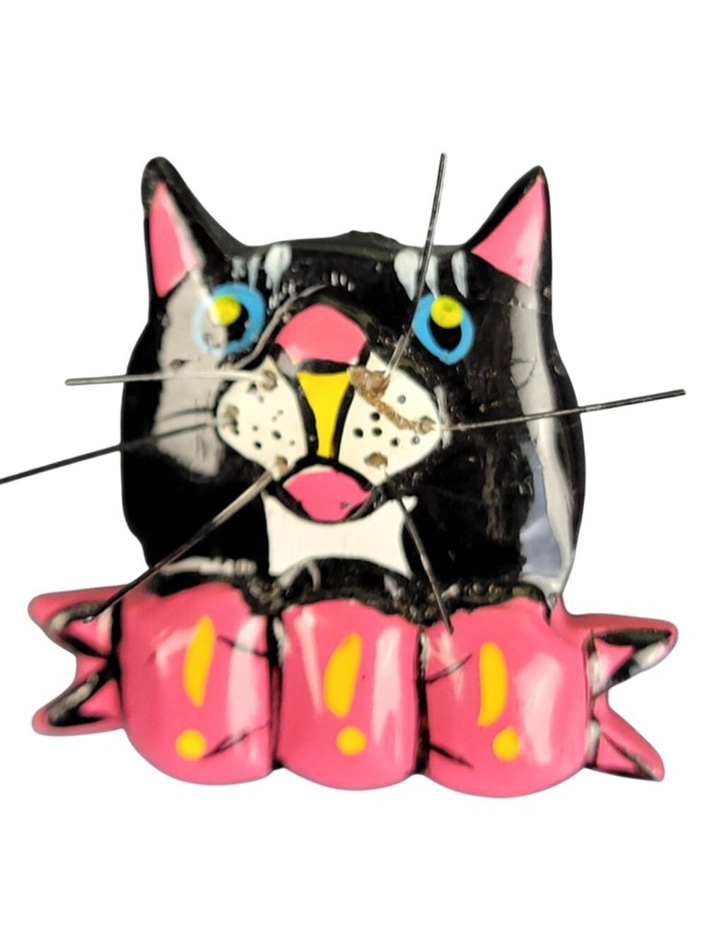 Vintage 80s Cat Necklace Set Pin Colorful Pink Black Jewelry Women Gift Wood Fun